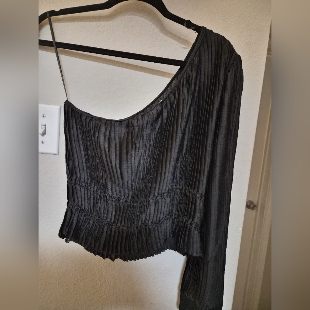 Mango Charcoal Pleated One-Shoulder Blouse
